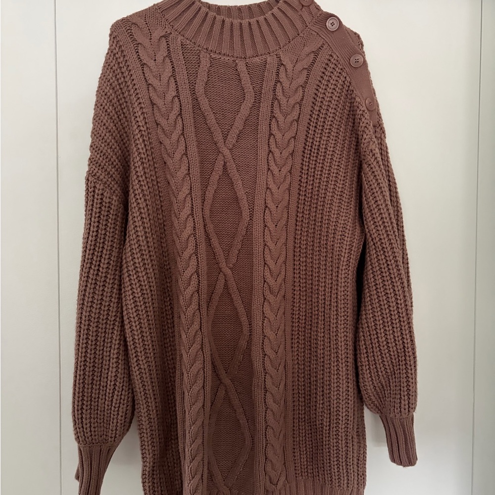 Elegant Button-Shoulder Cable Knit Dress - Brown